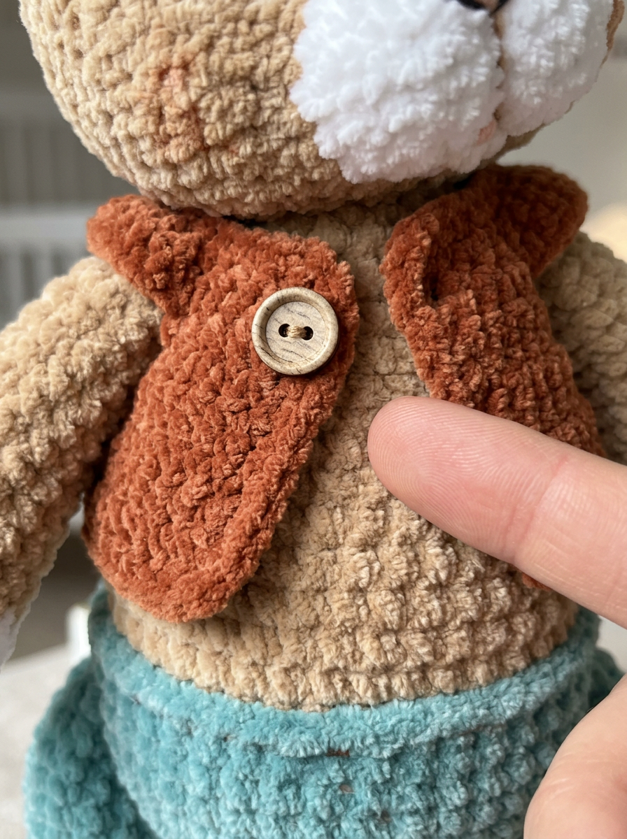 Close-up of the Dune Whisper Crochet Amigurumi Bunny's vest button and plush stitch texture
