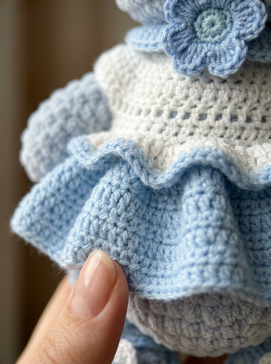 Close-up of the Willow Mist blue amigurumi bunny's ruffled skirt and stitch texture