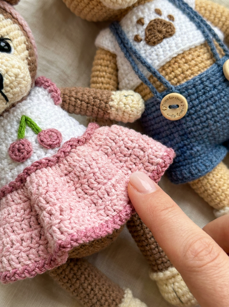Close-up of the Maple Glow Crochet Amigurumi Puppies' outfits and stitch texture