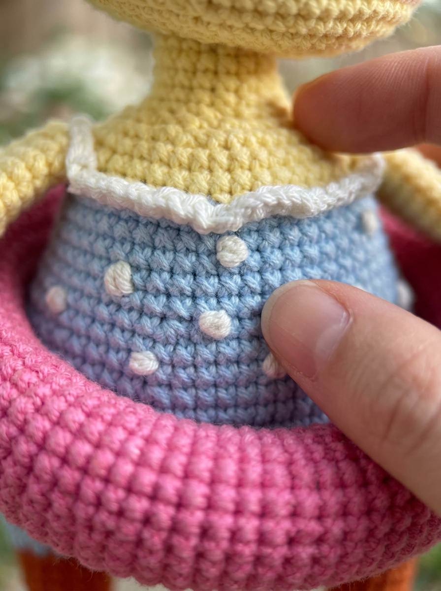 Close-up of the Misty Fern Crochet Amigurumi Duck swimsuit and lifebuoy stitch detail