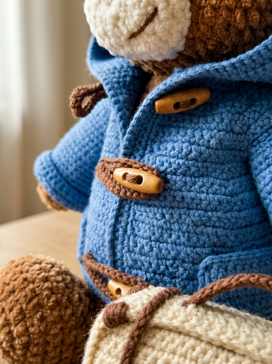 Amber Dusk Crochet Amigurumi Bear Pattern - close-up of toggle buttons and crochet stitch texture