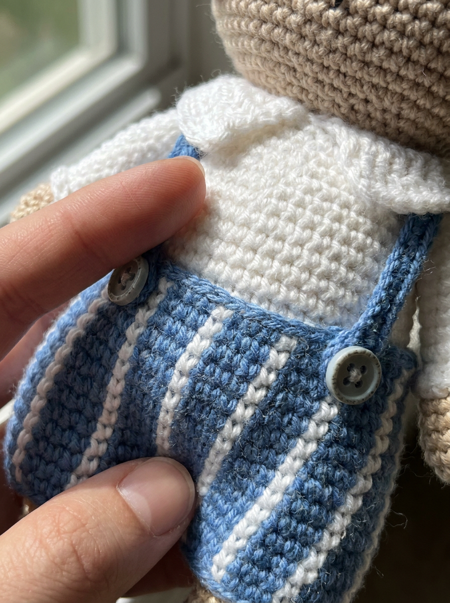 Close-up of the Clover Field Crochet Amigurumi Bunny striped overalls and stitch detail