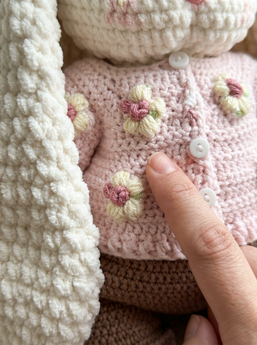 Close-up of the Ivory Tide bunny cardigan's flower embroidery and stitch texture