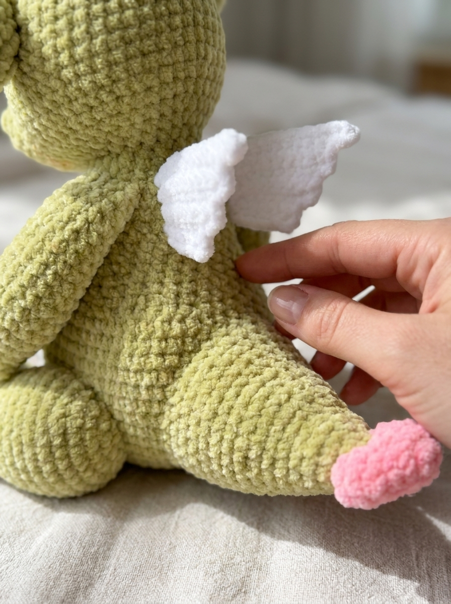 Close-up of the Honey Drift dragon's chenille stitch texture, white wing and pink tail tip