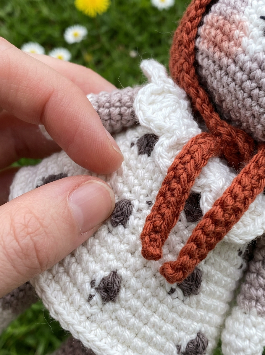 Close-up of the Almond Blossom Crochet Amigurumi Bunny dress bobbles and bonnet stitch detail
