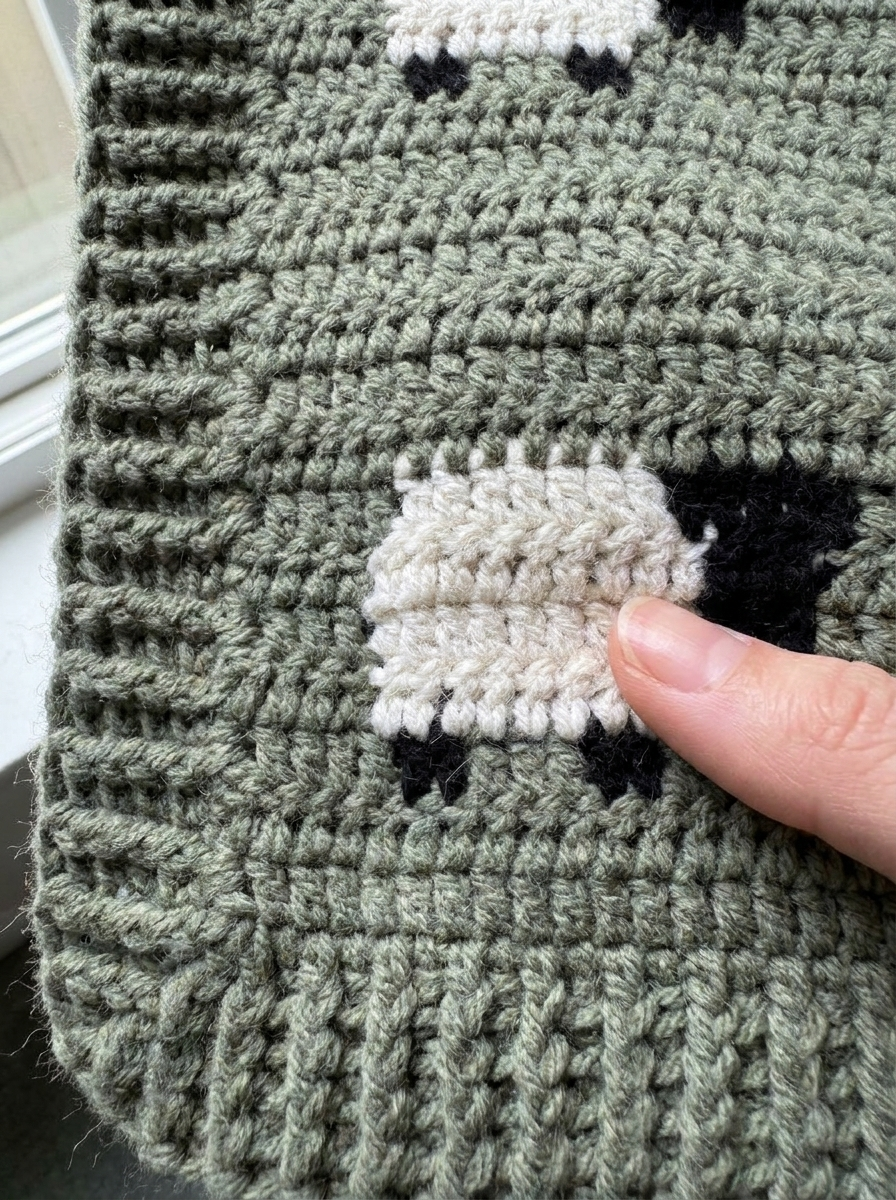 Verdant Glen Crochet Baby Blanket Pattern - close-up of a tapestry crochet sheep motif in sage green