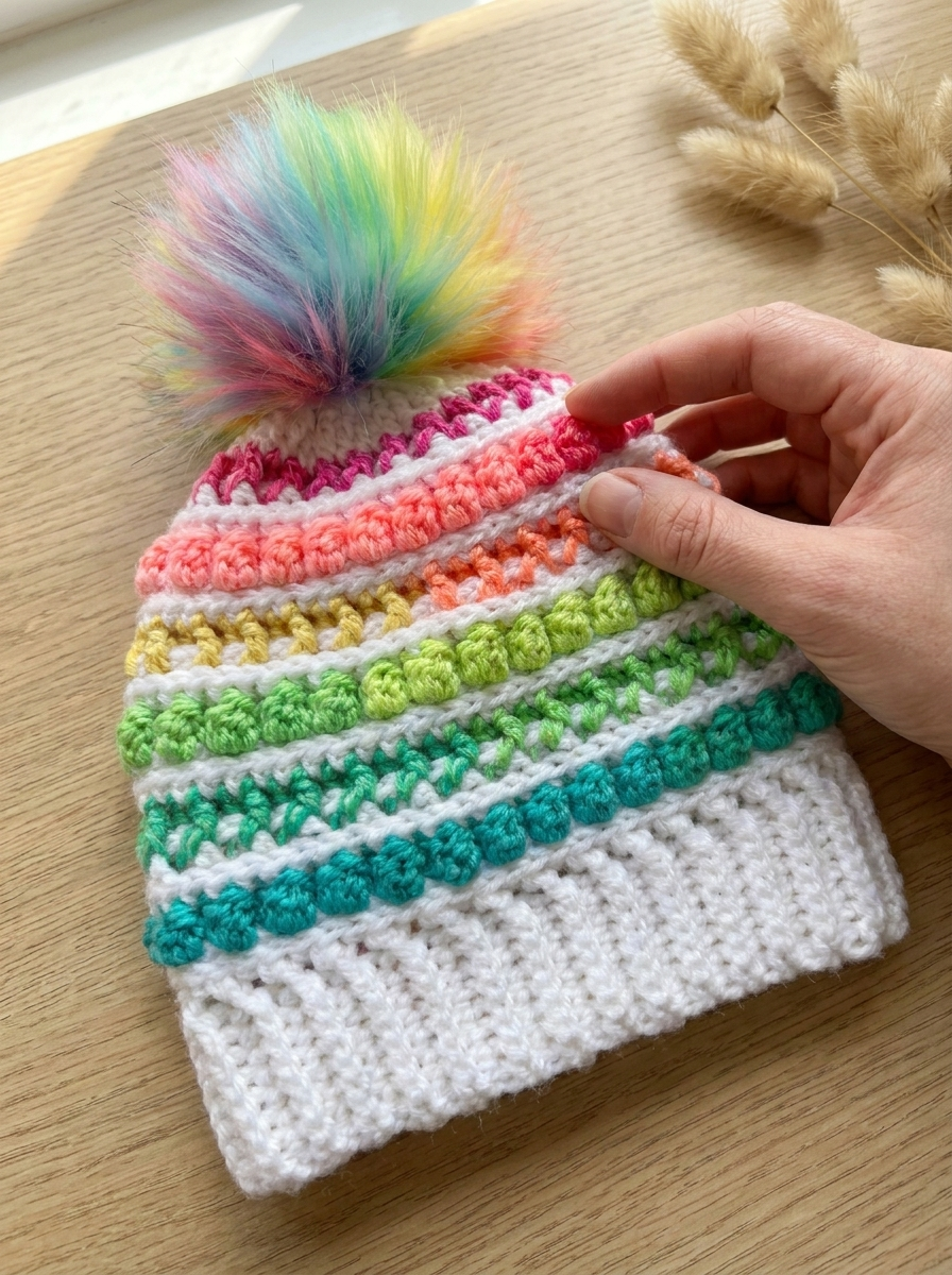 Close-up of the bobble stitch texture on the Meadowsweet crochet beanie pattern