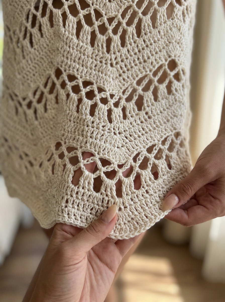 Close-up of the Gardenia Night crochet tank top lace stitch texture