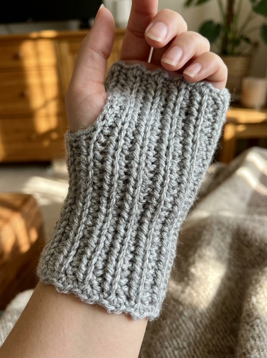 Close-up of the Hyacinth Blue crochet fingerless gloves ribbed stitch and picot edge