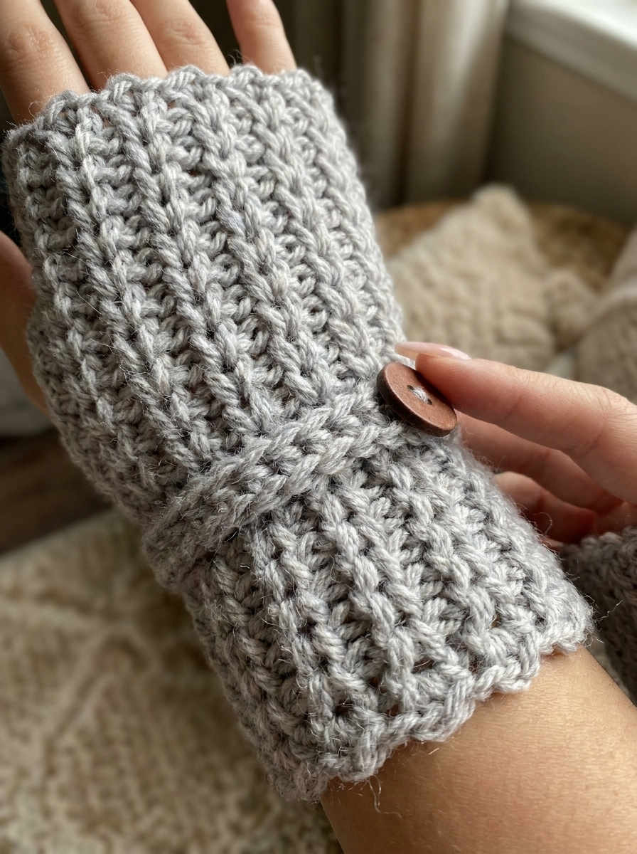 Close-up of the wooden button and stitch texture on the Pampas Cloud crochet fingerless gloves