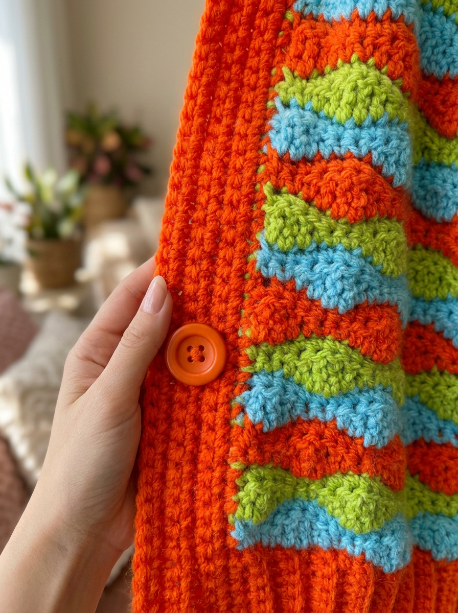 Close-up of the wave stitch texture and button band on the Sea Holly crochet cardigan