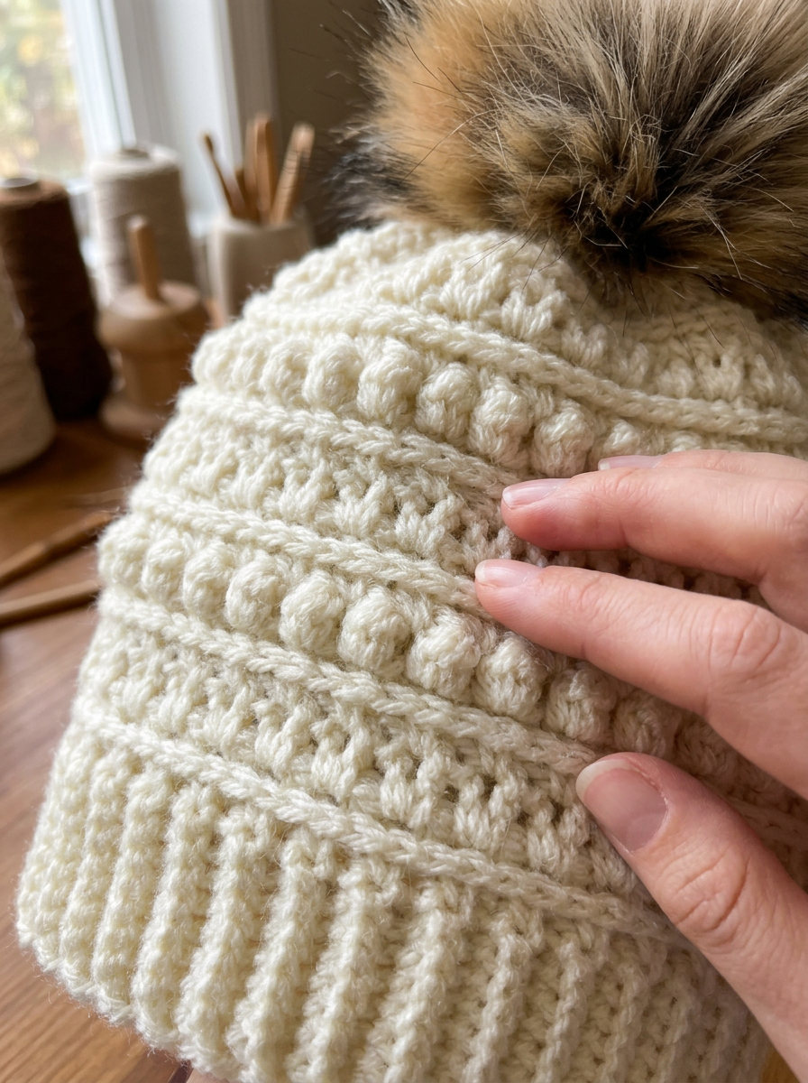 Close-up of the bobble stitch bands on the Quince Blossom crochet beanie pattern