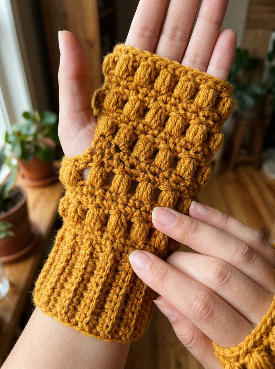 Close-up of the puff cluster stitch texture on the Rosehip Lane crochet fingerless gloves pattern