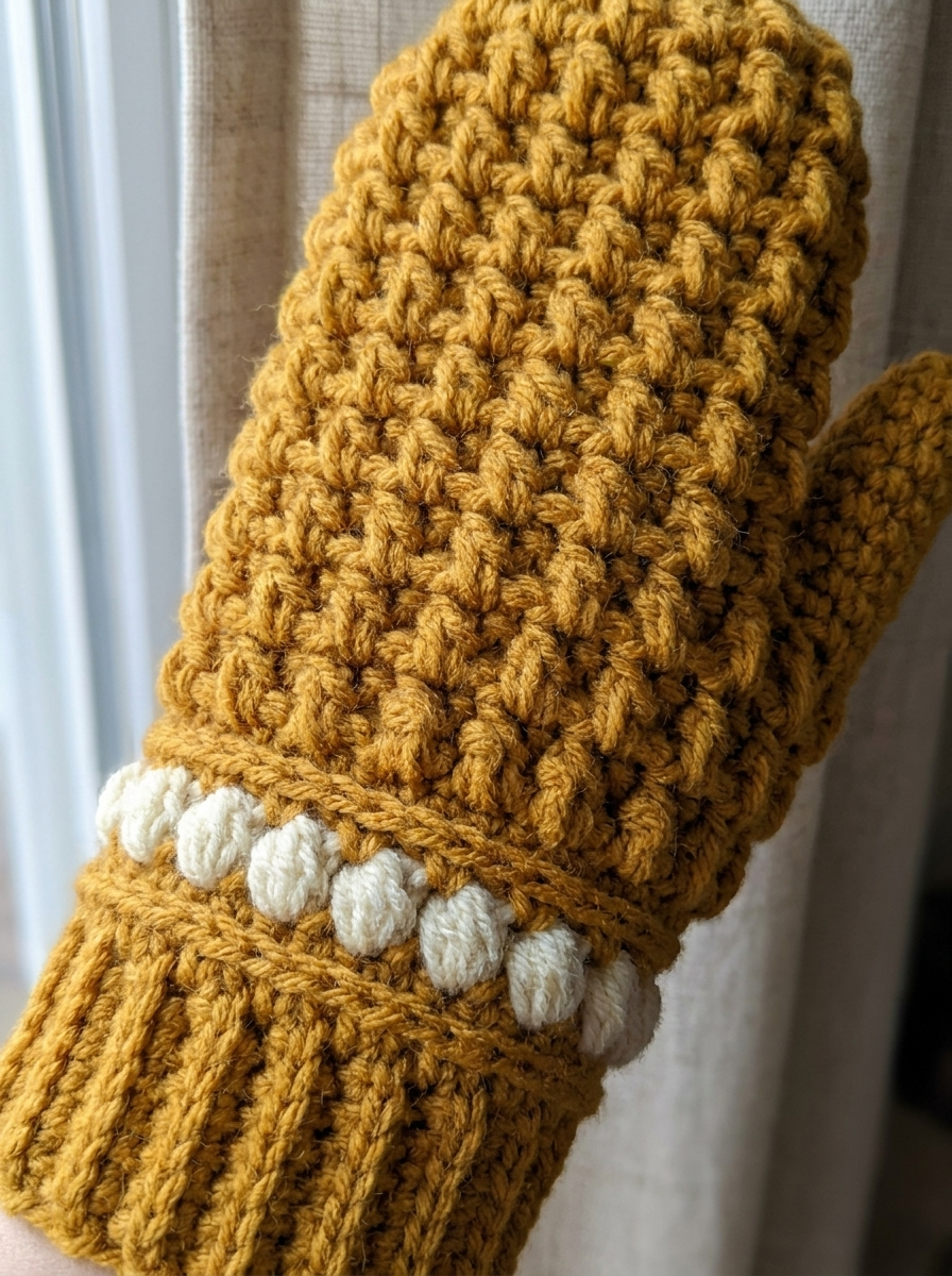 Jetty Cove Crochet Mittens Pattern - close-up of the waffle and puff stitch texture