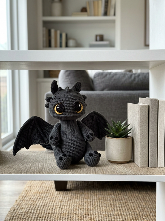 Opal Shore Crochet Amigurumi Dragon on a styled living room shelf