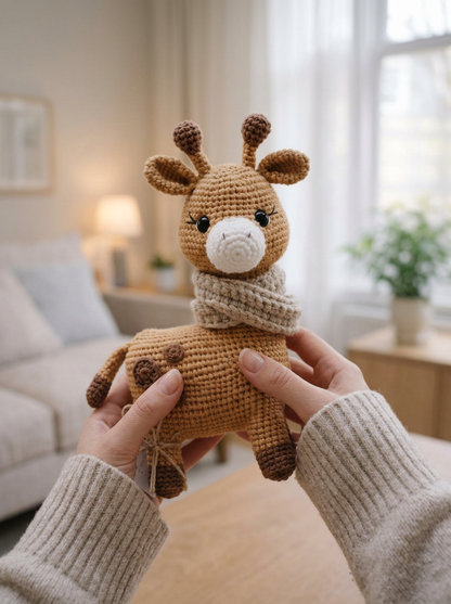Thistle Down Crochet Amigurumi Giraffe Pattern - hands holding the crochet giraffe with ribbed scarf