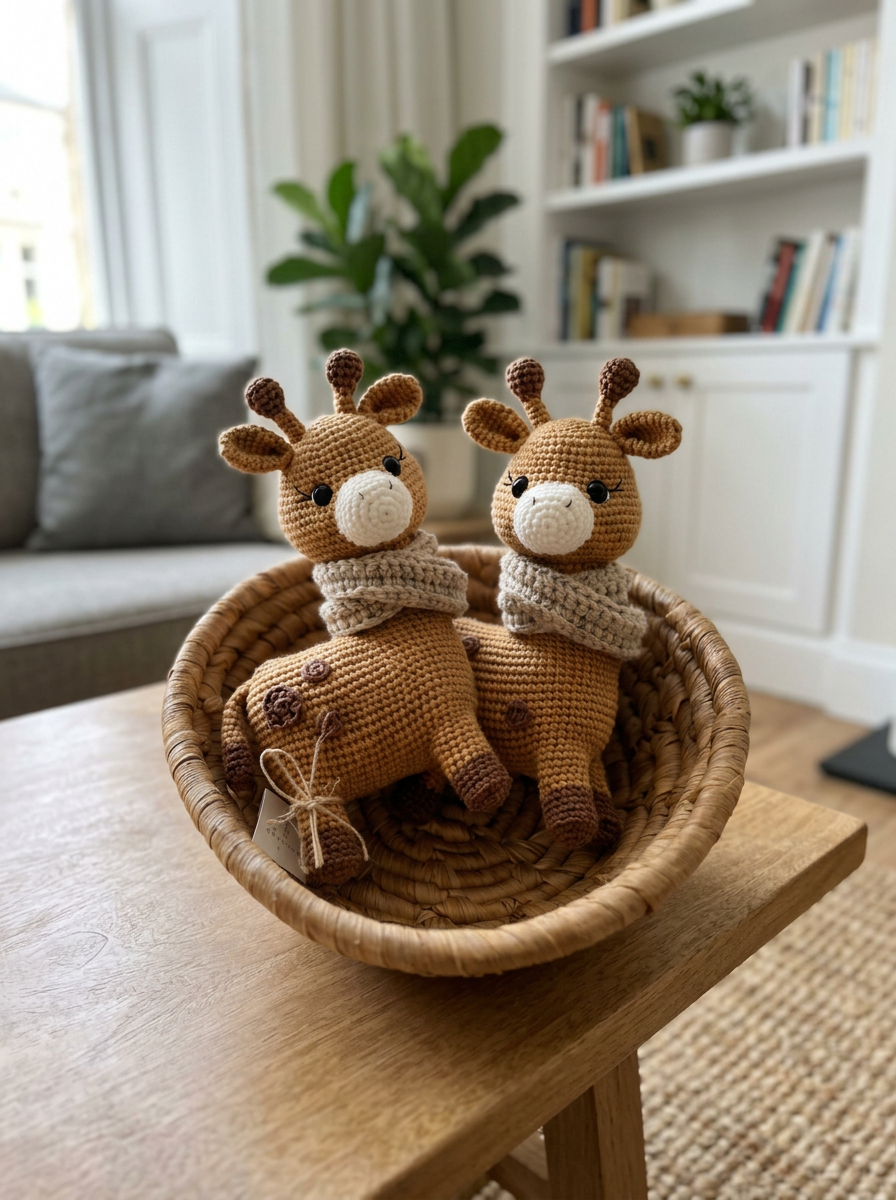 Thistle Down Crochet Amigurumi Giraffe Pattern - two crochet giraffes with scarves in a woven basket in a cozy living room