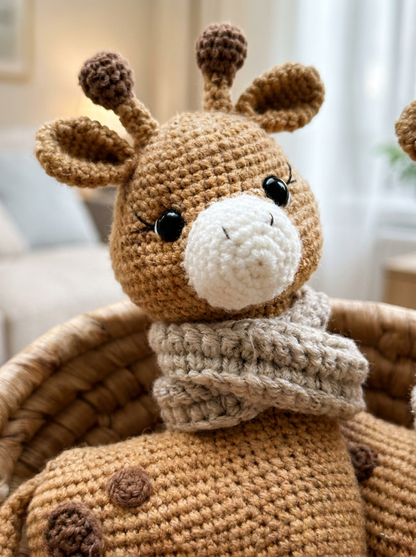 Thistle Down Crochet Amigurumi Giraffe Pattern - close-up of stitch texture, embroidered eyelashes and scarf detail