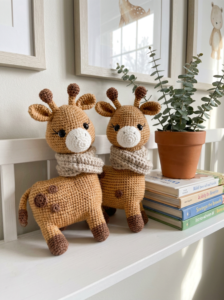 Thistle Down Crochet Amigurumi Giraffe Pattern - crochet giraffes on a nursery shelf with books and plants