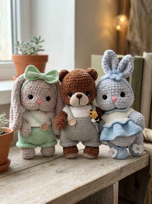 Willow Mist Crochet Amigurumi Bear and Bunnies trio in dressed outfits styled on a cozy living room shelf