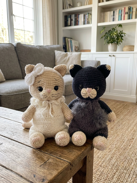 Lavender Sky Crochet Amigurumi Kittens couple styled together in a cozy living room