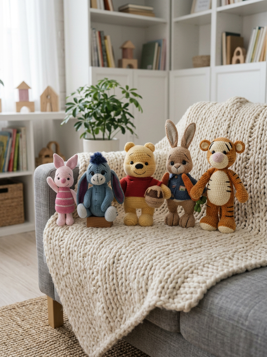 Vanilla Cloud Crochet Amigurumi Animal Bundle - five crochet animals lined up on a cozy sofa blanket