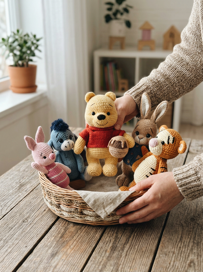 Vanilla Cloud Crochet Amigurumi Animal Bundle - hands placing the crochet bear among the animal set in a basket