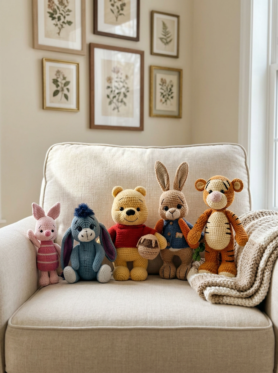 Vanilla Cloud Crochet Amigurumi Animal Bundle - the five amigurumi friends seated on a cream armchair