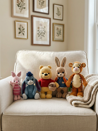 Vanilla Cloud Crochet Amigurumi Animal Bundle - the five amigurumi friends seated on a cream armchair