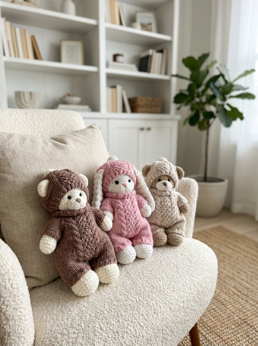 Wisteria Lane Crochet Amigurumi Bunny & Outfit Pattern - three amigurumi toys in knit hooded onesies on a boucle armchair