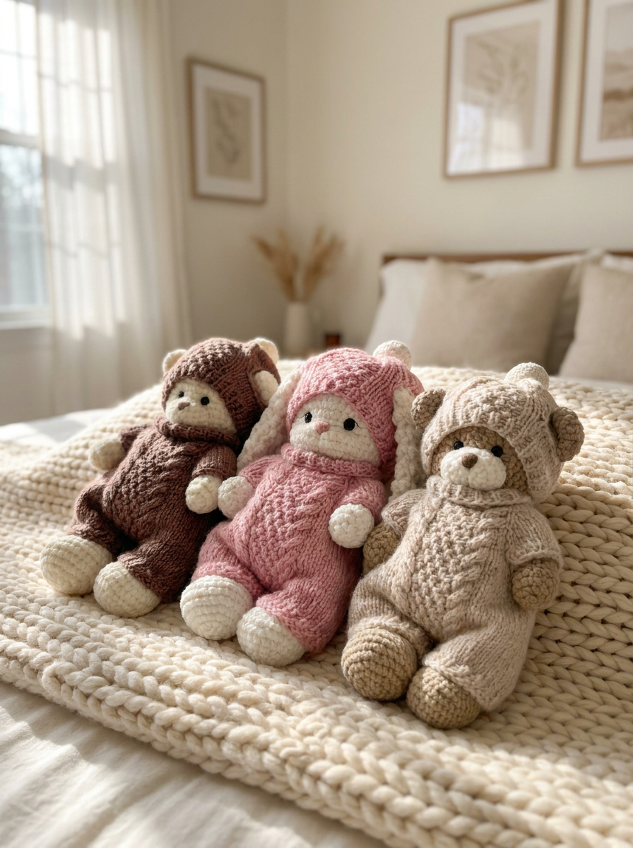 Wisteria Lane Crochet Amigurumi Bunny & Outfit Pattern - toys in cozy hooded overalls lying on a knit blanket