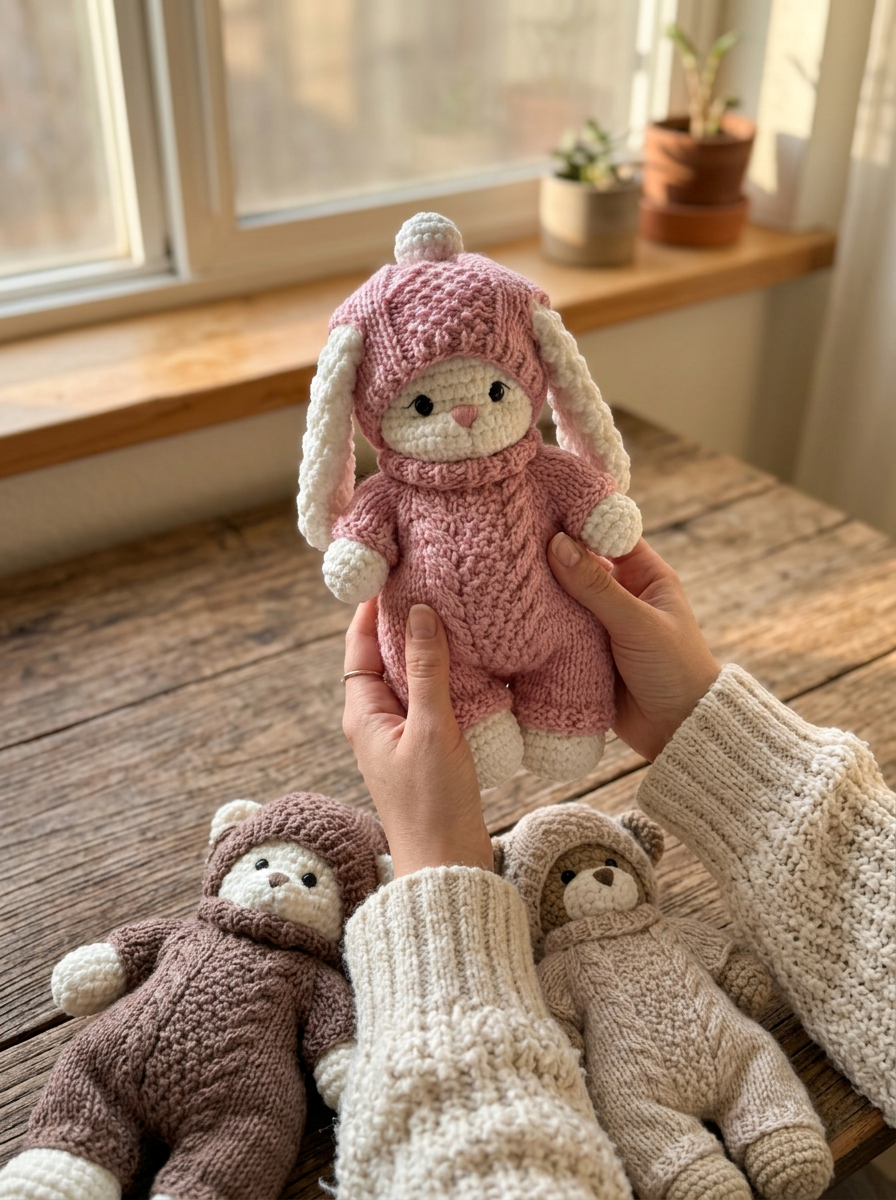Wisteria Lane Crochet Amigurumi Bunny & Outfit Pattern - hands holding the toy in the pink hooded onesie