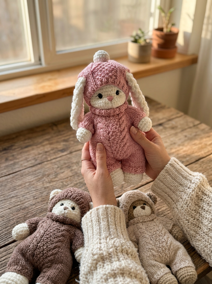 Wisteria Lane Crochet Amigurumi Bunny & Outfit Pattern - hands holding the toy in the pink hooded onesie