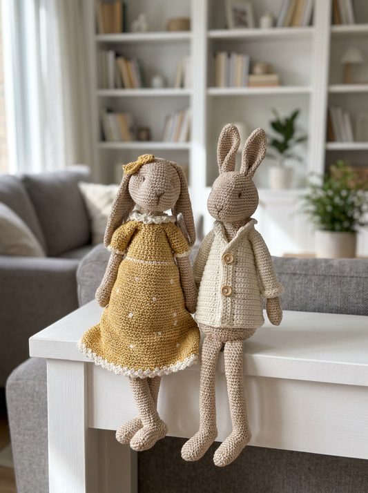 Coral Haze Crochet Amigurumi Bunny Couple in yellow dress and cream jacket on a console ledge