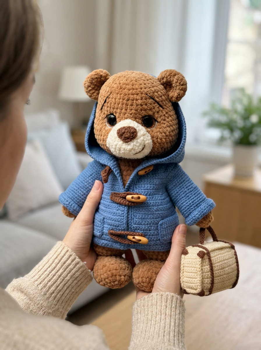 Amber Dusk Crochet Amigurumi Bear Pattern - hands holding the crochet bear in his hooded coat