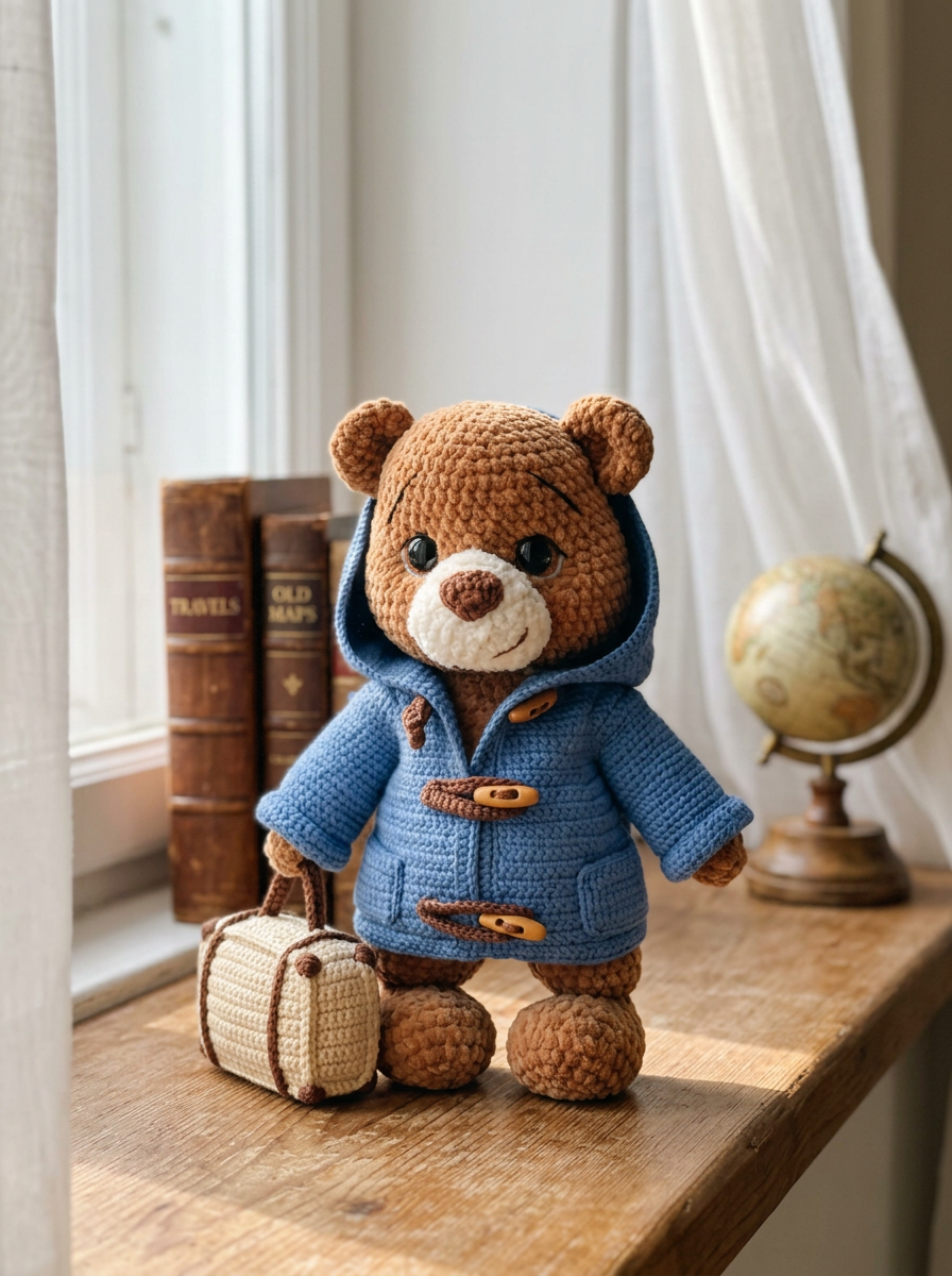 Amber Dusk Crochet Amigurumi Bear Pattern - bear seated on a windowsill with books and globe