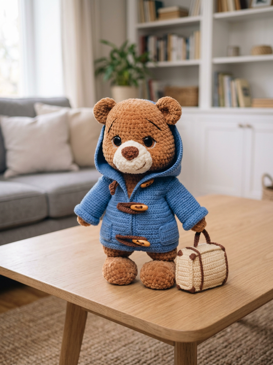Amber Dusk Crochet Amigurumi Bear Pattern - crochet teddy bear in blue duffle coat with suitcase on a coffee table