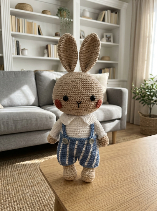 Clover Field Crochet Amigurumi Bunny standing on a wooden coffee table