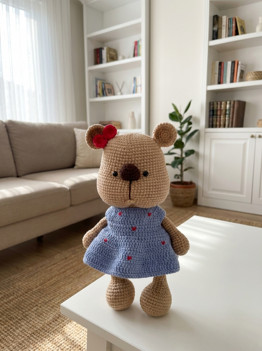 Blossom Creek Crochet Amigurumi Bear Pattern - crochet teddy bear in blue heart dress standing on a coffee table