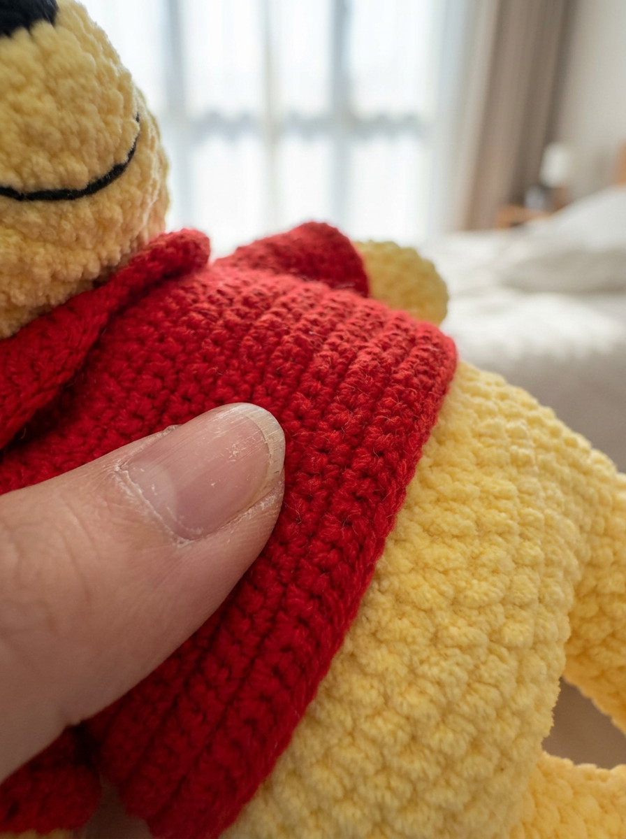 Copper Leaf Crochet Amigurumi Bear Pattern - close-up of red tee ribbing and yellow crochet stitch texture