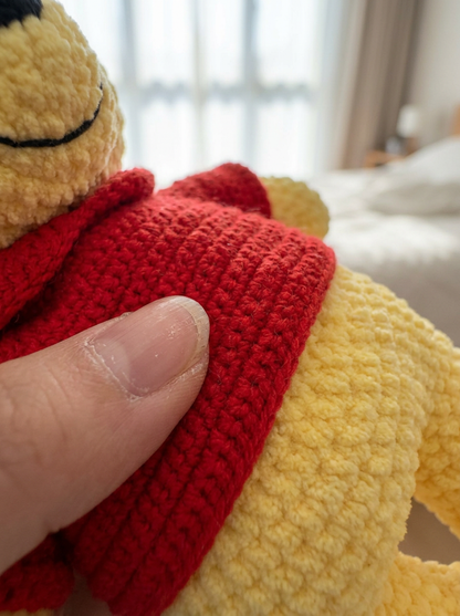 Copper Leaf Crochet Amigurumi Bear Pattern - close-up of red tee ribbing and yellow crochet stitch texture