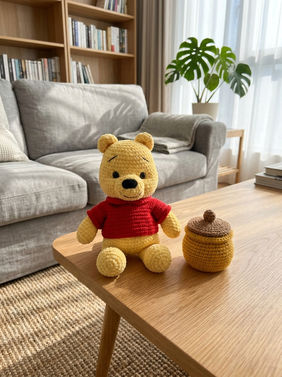 Copper Leaf Crochet Amigurumi Bear Pattern - yellow crochet bear in red tee with honey pot on a coffee table
