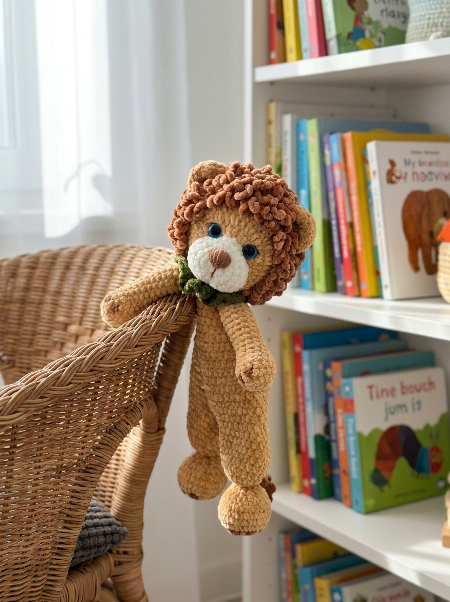 Daisy Chain Crochet Lion Comforter Pattern - lion comforter draped over a rattan chair by a book shelf