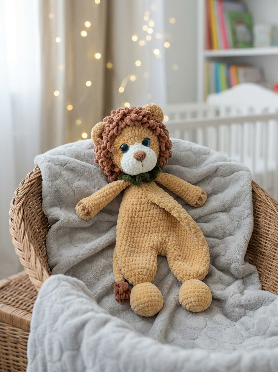Daisy Chain Crochet Lion Comforter Pattern - plush lion lovey on a grey blanket by a woven basket