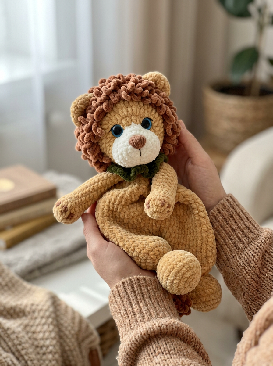Daisy Chain Crochet Lion Comforter Pattern - hands gently holding the plush lion comforter