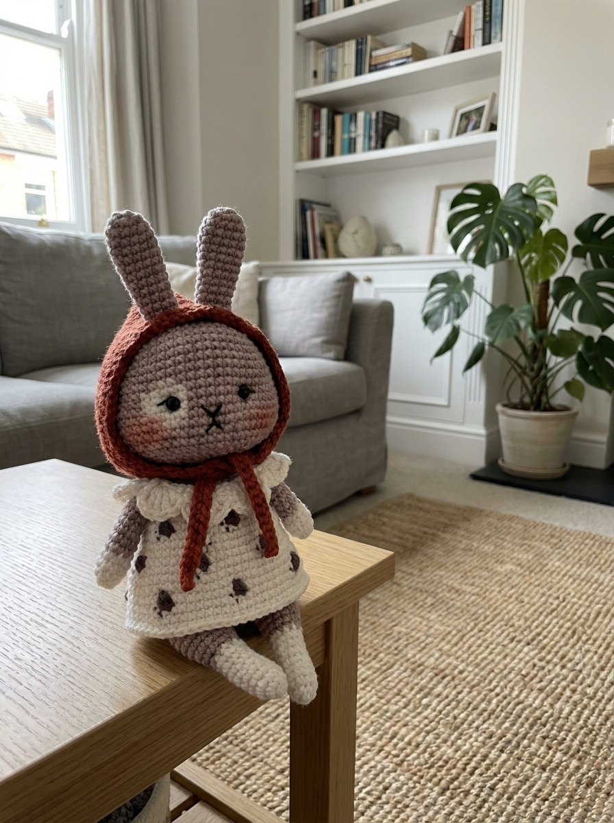 Almond Blossom Crochet Amigurumi Bunny styled on a wooden coffee table