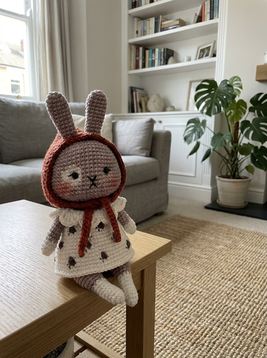 Almond Blossom Crochet Amigurumi Bunny styled on a wooden coffee table