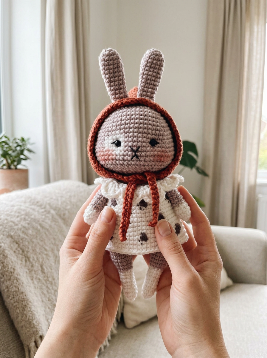 Hands cradling the Almond Blossom Crochet Amigurumi Bunny in soft window light