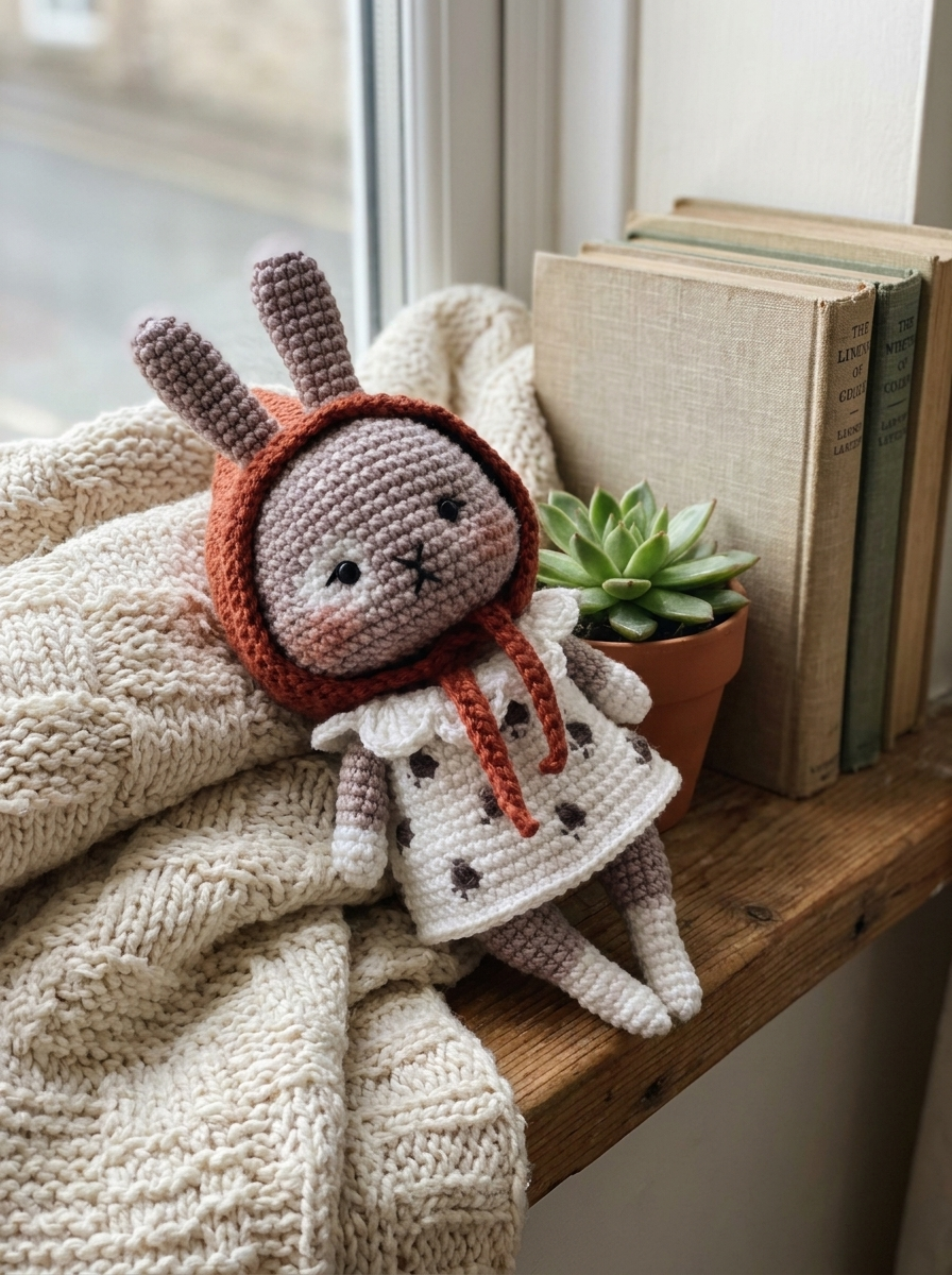 Almond Blossom Crochet Amigurumi Bunny nestled on a windowsill with a knit throw