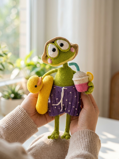 Hands holding the Pine Hollow Crochet Amigurumi Frog in a bright cozy room